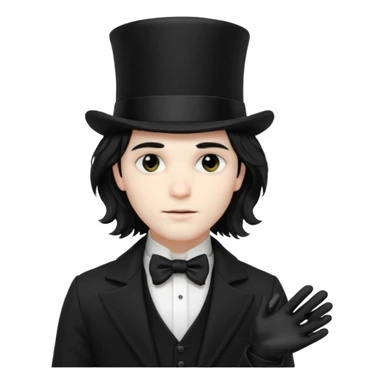 Male Goth with Top short Hat
 Wavy shoulder-length hair, white skin, black suit and gloves, pale skin tone,  sticker