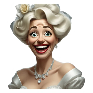 Laughing insane bride in Uncle Scrooge style, oil paint, mysterious eyes, intricate lips, masterpiece pose, odd perspective, beautiful, desirable, logical sticker