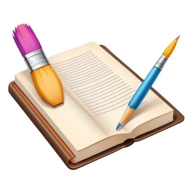 icon for Illustration hobbie, paintbrushтв pencil and under book's page, colorful sketch, simple lines, minimalistic style, transparent background. sticker