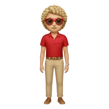 Emoji-style man in a red untucked shirt with rolled sleeves, beige trousers, and sunglasses. Short curly box-cut hair, long triangular face. Looking sideways, removing sunglasses with one hand, the other on his waist. sticker