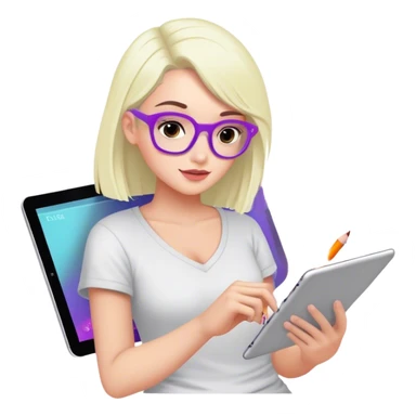 Create an emoji representing fanfiction writing. The design should feature a digital device tablet with visible text, symbolizing the creative process of writing fanfiction. Add a subtle reference to popular fictional characters or universes to indicate the fan aspect. Add stilus and pictures of pop stars in front of text on the screen of tablet. Use a playful, imaginative color palette, blending vibrant tones with soft neutrals. Do not include any emojis or smiley faces. Make the background transparent. sticker