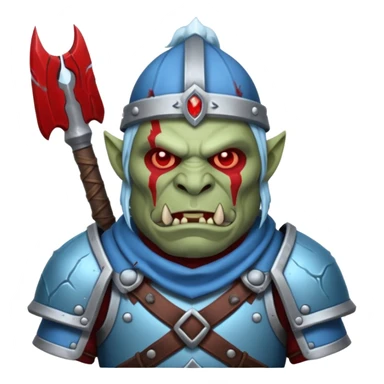 Fantasy Christmas orc legion soldier icon, iron tundra army theme, heavy winter armor, disciplined brutal look, cold steel armor cracked with frozen crimson lines, bloodfrost effect, icy blue and dark red color palette, minimal clean emoji style sticker