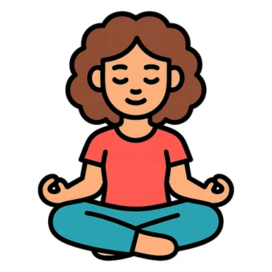 brunette girl with curly hair meditating, sitting cross-legged, colored icon sticker