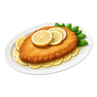 Cinematic Realistic Veal Schnitzel Dish Emoji, depicted as a golden, breaded veal cutlet served with lemon rendered with crisp textures and inviting, natural lighting. sticker