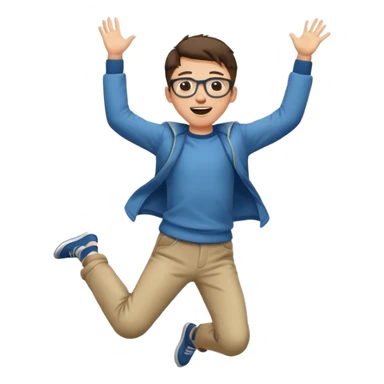 Very excited boy, jumping for joy, full body, eyes closed, wearing glasses sticker