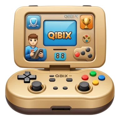Gaming console with 'qbix88' displayed on screen, surrounded by trophy, controller and team of players sticker