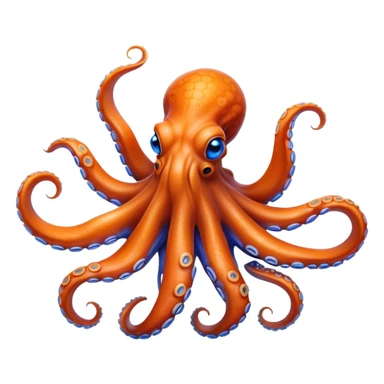 Cinematic Realistic Noble Octopus Portrait Emoji, Poised and majestic, with a sinuous, flowing body in vivid orange accented by intricately detailed blue rings, and intelligent, penetrating eyes that reflect ancient ocean lore; rendered with lifelike texture and natural iridescence, high shine, intelligent and formidable, styled with an aura of mystical marine power, focused and attentive, soft glowing outline, capturing the essence of a watchful and confident octopus that appears ready to glide out of the screen with timeless authority! sticker