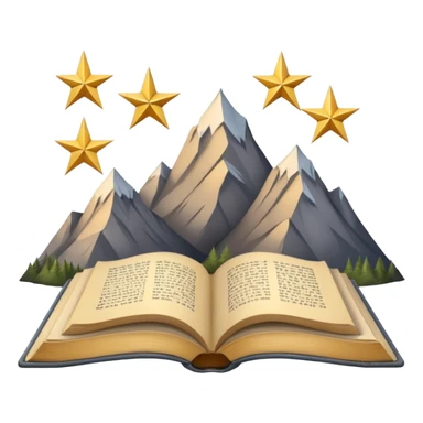 three mountain peaks of gray color, above each of the peaks there is a golden star, in front of the mountain peaks there is an open book sticker