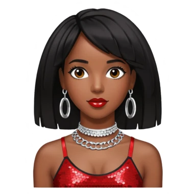 Kelly Rowland with black hair, red sequin crop top and neck bracelet sticker