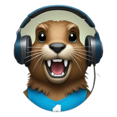 beaver with headphones, two longs teeths and blue 84 jersey sticker