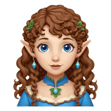Kind Girl toymaker wood carving elf. Blue eyes. brown (just below chin length) wavy curly hair & bangs. Whimsical playful  sticker