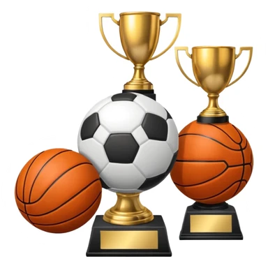 a basketball, soccer ball, volleyball, and a football all mixed with one trophy for a store logo sticker