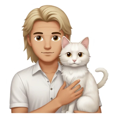 A young handsome Caucasian man in a white shirt holds a long-haired white cat sticker