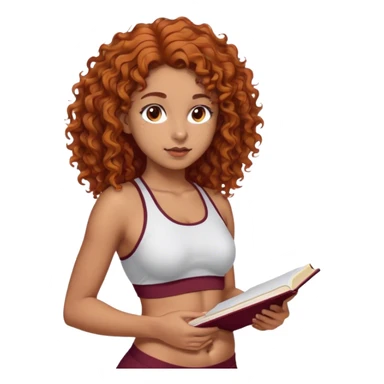 17 year old girl brown-orange wavy curly hair long to the belly, 159cm tall, brown eyes brown eyebrows, nose piercing ok left side, sporty body small waist, wears bordeaux and is studying sticker