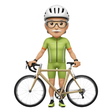 older, 60-year-old man, about 200lbs, with visor under helmet, and mirror on glasses, in cycling clothes, straddling road bike, graphic design sticker