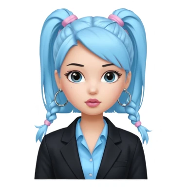 generate a pretty bratz girl wearing a light blue full sleeve shirt and a black blazer over it. silver small hoops, pink lipgloss. black hair tied up in a ponytail sticker