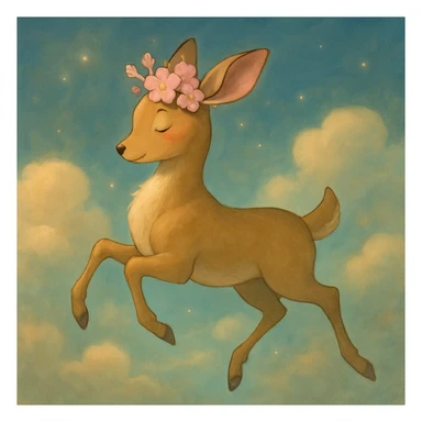 Enhance this feminine adult vanilla cloud doe with rosy cheeks and cherry flowers, floating gracefully in a dreamy Ghibli-Pixar style. Make the colors richer, the lines softer, and the cherry flowers more detailed. Add a touch of magical glow and elegance, keeping the overall look whimsical and refined. sticker