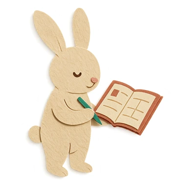 flawless, highly detailed, high quality paper craft style illustration of a cream-colored bunny standing and writing in a planner, perfect proportions, no imperfections, intricate textures, soft lighting, delicate cut-paper details sticker