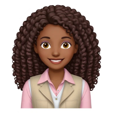 mujer morena, pelo rizado largo, sonriendo, con ojos grandes y marrones con camisa rosa palo y un chaleco blanco sticker