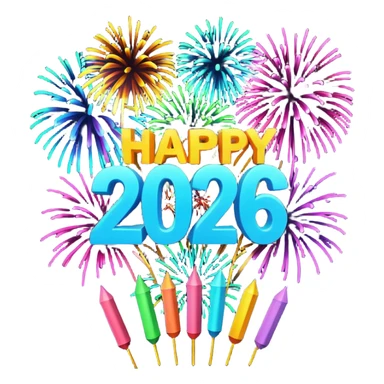 "Happy New Year 2026" in backdrop of colourful fireworks in 3d outline sticker