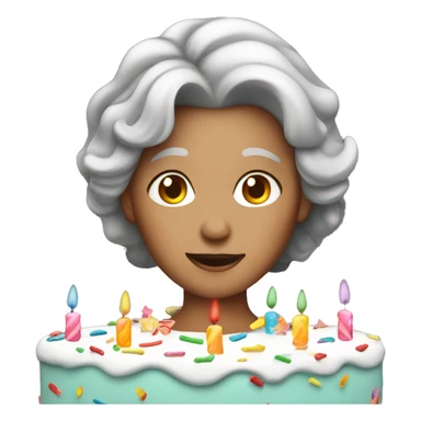 Gray haired lady with birthday cake sticker