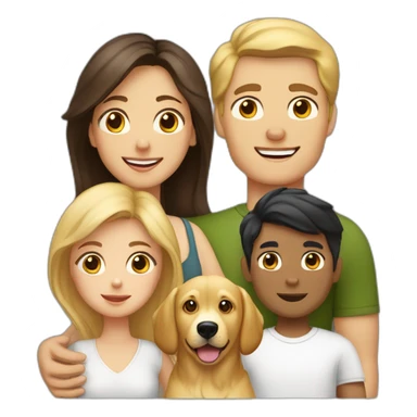 white family of mom with blonde hair, dad with dark hair, 1 boy child with blonde hair, 1 girl child with dark hair, 1 boy child with dark hair, and 2 golden retrievers sticker