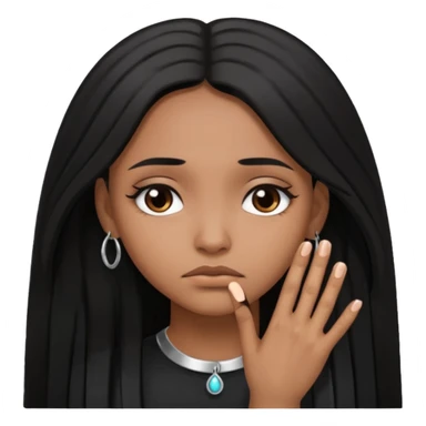 Brown girl long hair sad face and no jewelry just a ring on her hand  sticker