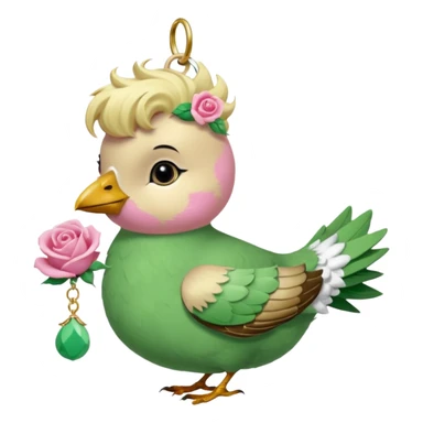 un oiseau classique vert avec un collier avec des breloque argentées et un poil blond qui fait une petite bouclette sur le front et à côté un oiseau rose avec le même collier mais en doré et un cheveu marron et les deux se regardent sticker