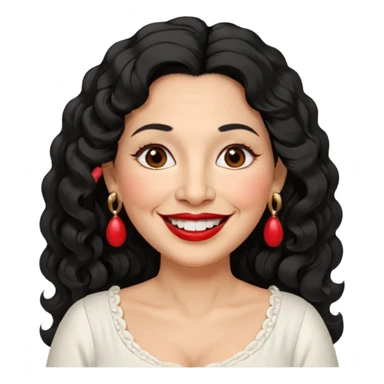 60 yr old peruvian woman, slightly chubby, wavy/curly long black hair, red lipstick, big smile, white teeth, brown eyes, hoop earings, side part to hair, round face, pretty white dress, hair side swept sticker