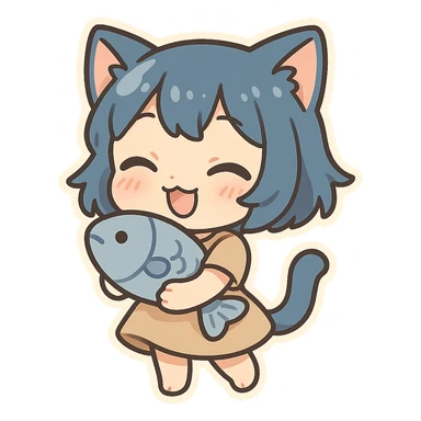 cute cat girl with short blue hair, holding a fish plushie, cheerful expression sticker