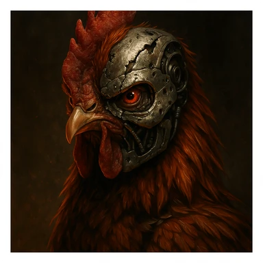 a chicken wearing a half-destroyed Terminator mask, showing both feathers and metal, looking fierce sticker