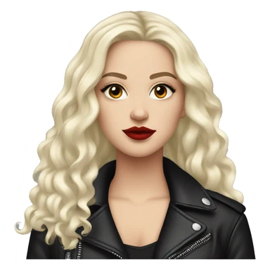 White girl, with long curly black hair, with red lipstick, black winged eyeliner, wearing black shirt and black leather jacket sticker