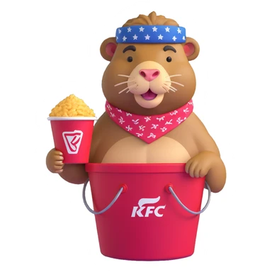 Muscular capybara with Johnny Depp features, goatee, bandana, earrings, sitting in a KFC bucket sticker