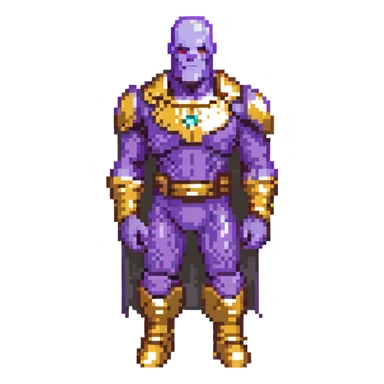 Thanos from Marvel, pixel art style, purple skin, gold armor, Infinity Gauntlet, simplified features sticker
