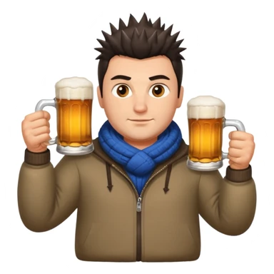 big slavic guy sitting in yoga pose, spiky short dark hair, holding beer mugs in two hands, winter dressed sticker