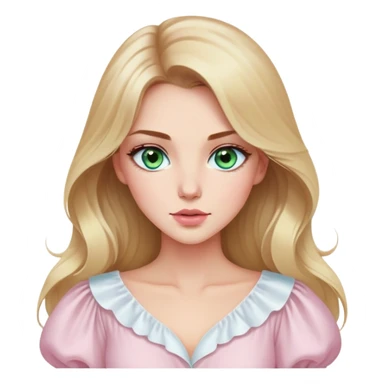 «Blonde with long hair, green-blue eyes with arrows and brown hair, nude shiny lips. She is wearing an elegant white blouse with voluminous sleeves and open collarbones. A sharp nose, a delicate pink blush and light pink shadows.» sticker
