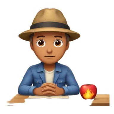 a man sits sadly at a table, a house is burning behind him, apple style emoji, with dramatic fire and smoke sticker