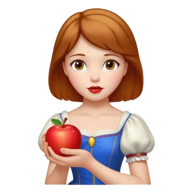 Create an emoji of Snow White holding a red apple, with short golden-brown hair. sticker
