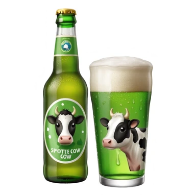 Spotted Cow beer bottle with green and white label and small cow icon sticker