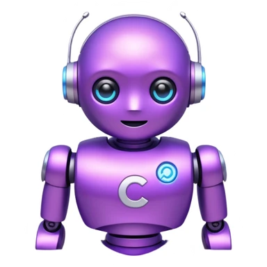 Cute mini robot character, purple body, white C symbol on the chest, soft neon glow, simple face with two bright blue eyes sticker