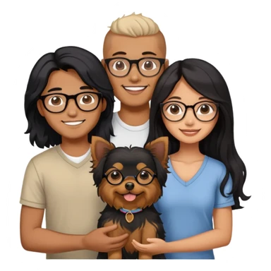 “An Asian girl with long, wavy black hair (loose, no hair tie) next to her smiling boyfriend—a brown-skinned man with a MIDDLE PART HAIr and glasses. Together, they’re holding a small Yorkshire Terrier sticker