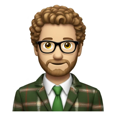 Light white man, brown short curly hair, brown beard, black framed glasses, green eyes, brown plaid blazer, white shirt, red tie sticker