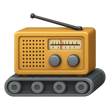 Сгенерируй мне детализированный емодзи, конвеер на котором лежит советский радиоприемник, на пнг фоне без фона. В СТИЛЕ ЕМОДЗИ ЭПЛ! sticker
