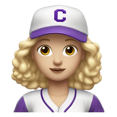 baseball card character. Blonde female long shoulder length hair. letter C logo. white and purple uniform. sticker