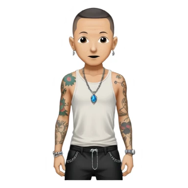 Chester Bennington with black sequin baggy pants, shirtless with necklace sticker