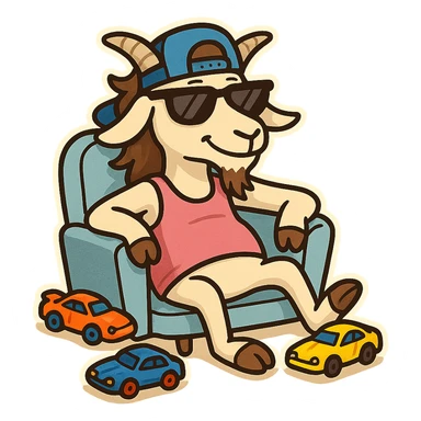 goat for Telegram stickers inspired by reference https://attic.sh/feoducyurkpqwz0la088soao98sx: wearing a cap, glasses, mullet hairstyle, pink drunkard tank top, sitting on a chair, with hot wheels cars sticker