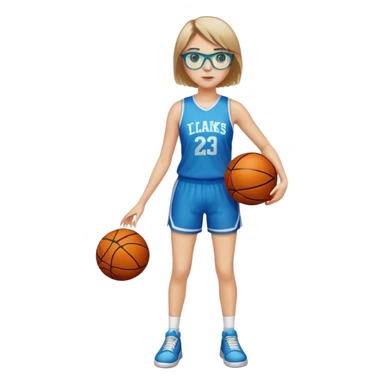 Full Body white Girl with basketball real short brown hair with blond highlights wearing blue glasses with green eyes sticker