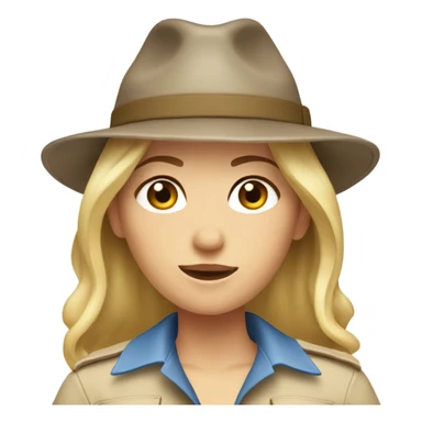 Blonde female with shoulder length hair and grey-blue eyes and brown eyebrows in a safari outfit with hat sticker