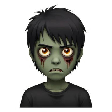 Boy, zombie, black hair, medium long, emo, shaggy, dark, spooky, creepy expression, fringe approximately to the eyebrows height, with Black t-shirt  sticker