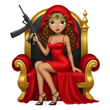 Drug dealer female green eyes symbol.  hair is brown curly long hair. sexy long with long red and black dress and face veil on that covers her mouth only. black stiletto platform high heels shoes on. Holding sniper rifle sitting on a gold throne. sticker
